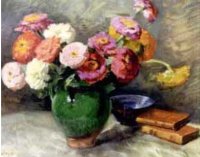 Nature morte avec des fleurs et des livres